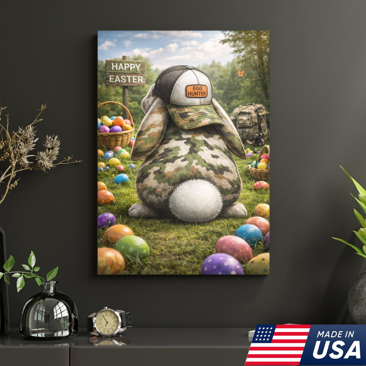 Funny Easter Bunny Hunter Canvas Wall Art, Camo Rabbit with Egg Hunter Hat