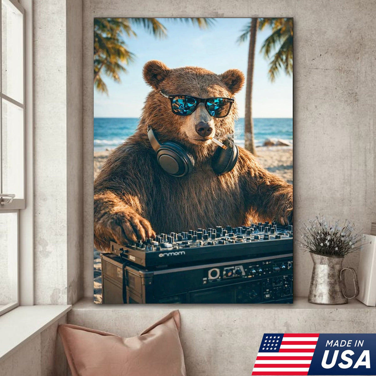 Cool DJ Bear Beach Canvas Wall Art – Trendy Animal Music Print