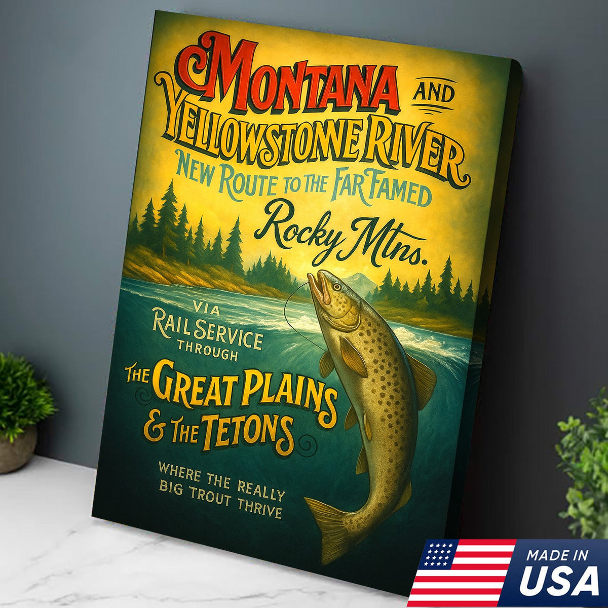 Vintage Montana Yellowstone River Fishing Poster Canvas – Rustic Outdoor Wall Art