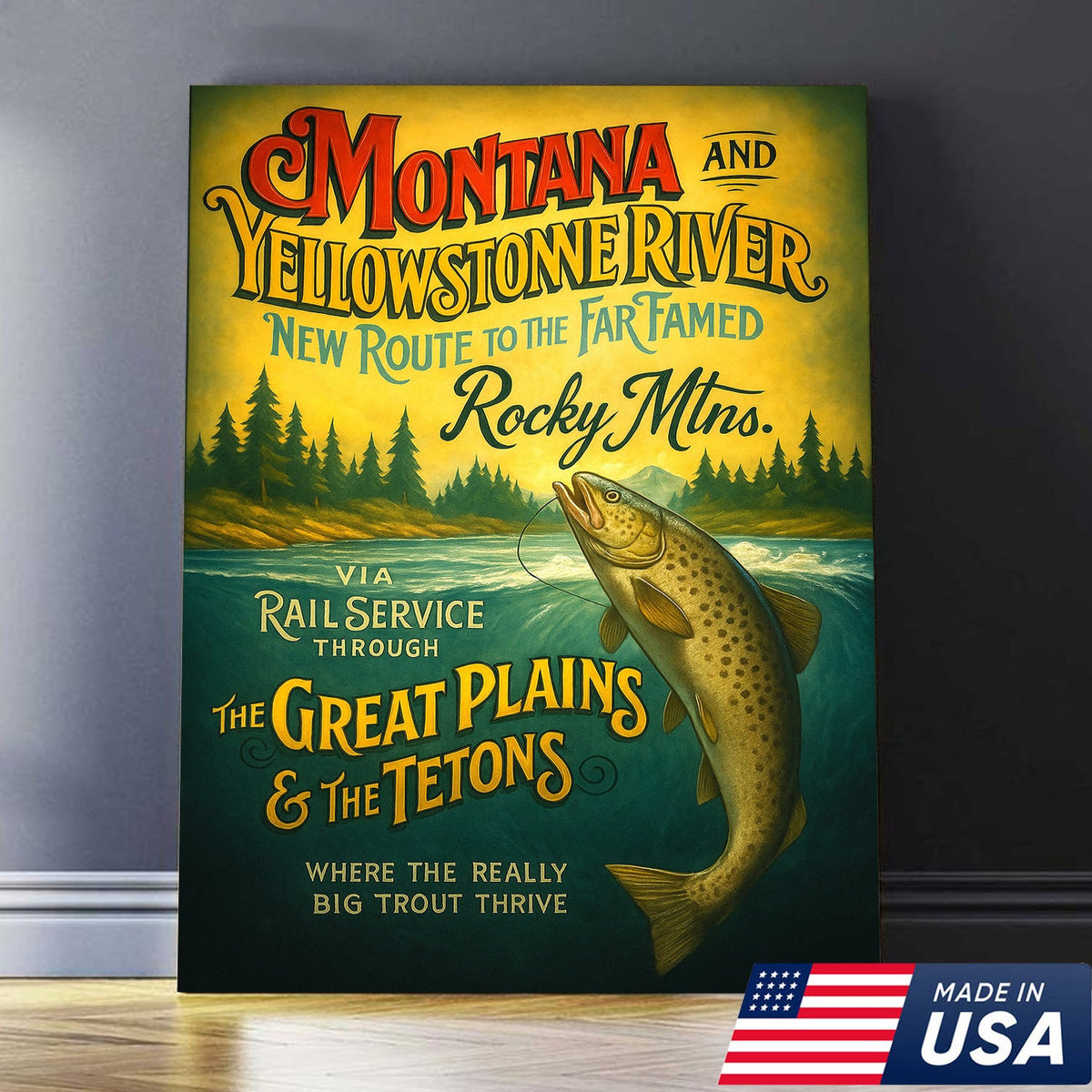 Vintage Montana Yellowstone River Fishing Poster Canvas – Rustic Outdoor Wall Art