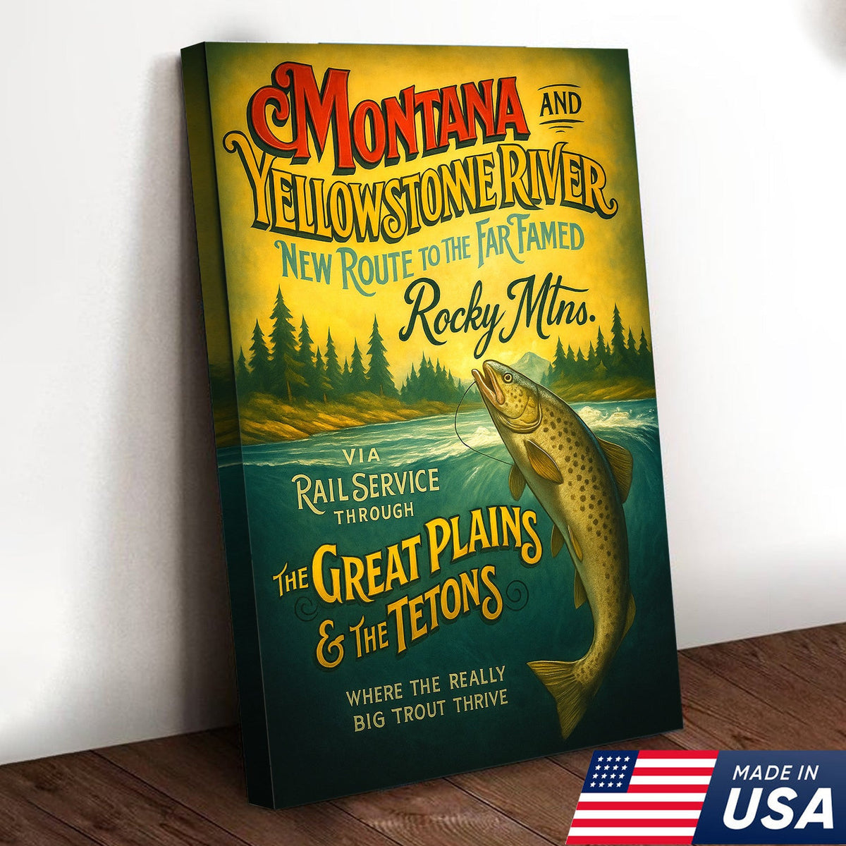 Vintage Montana Yellowstone River Fishing Poster Canvas – Rustic Outdoor Wall Art