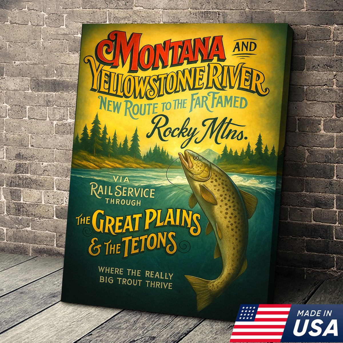 Vintage Montana Yellowstone River Fishing Poster Canvas – Rustic Outdoor Wall Art