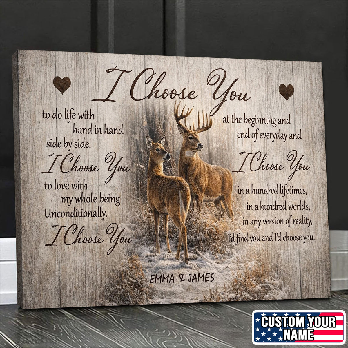 I Choose You Deer Couple Canvas Print, Romantic Woodland Love Wall Art Personalized Gift