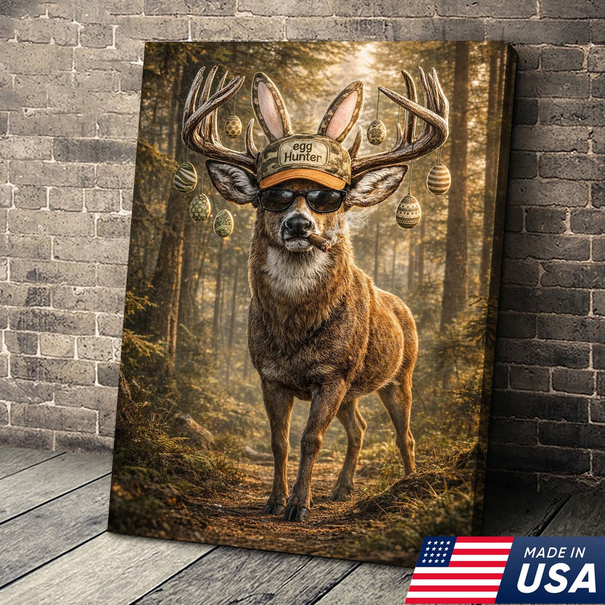 Funny Easter Deer Canvas Wall Art, Cool Egg Hunter Buck with Sunglasses