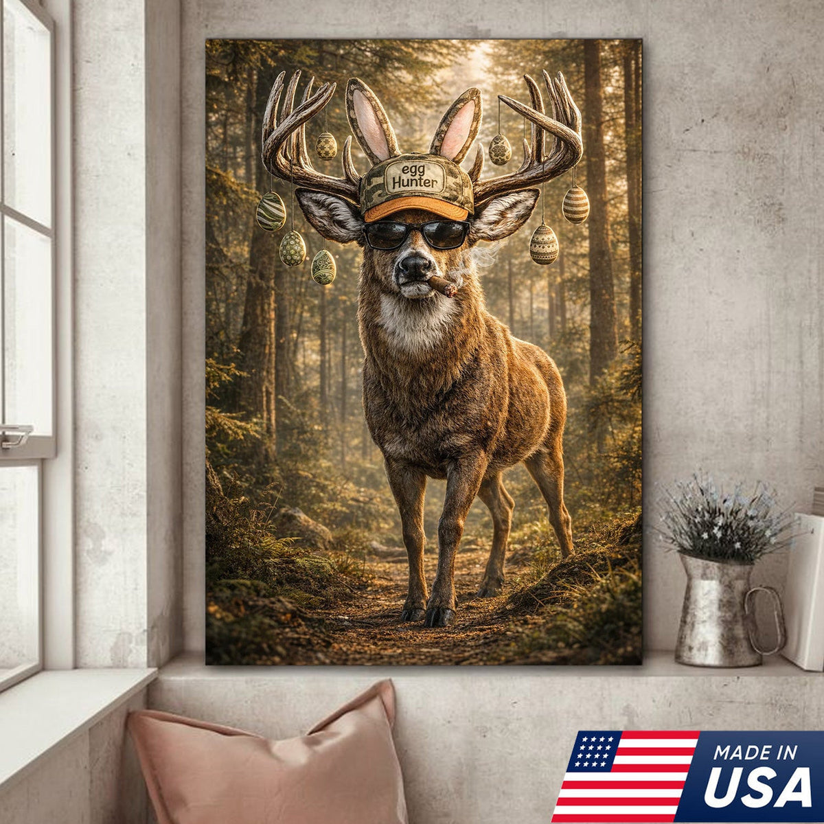 Funny Easter Deer Canvas Wall Art, Cool Egg Hunter Buck with Sunglasses