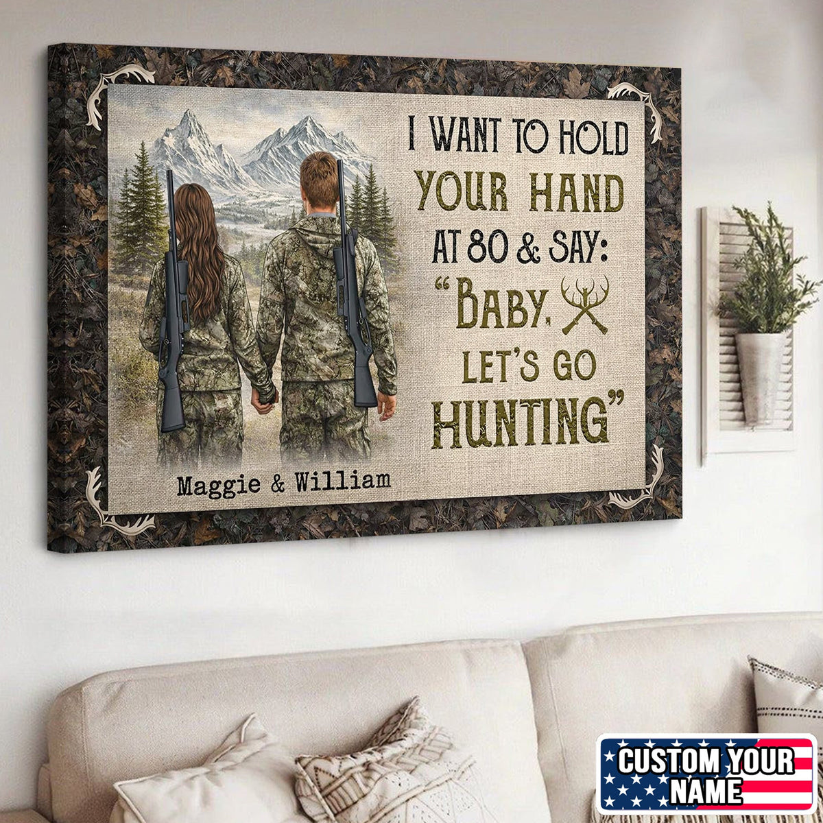 I Want To Hold Your Hand Hunting Couple Canvas Print, Personalized Outdoor Love Wall Art Gift