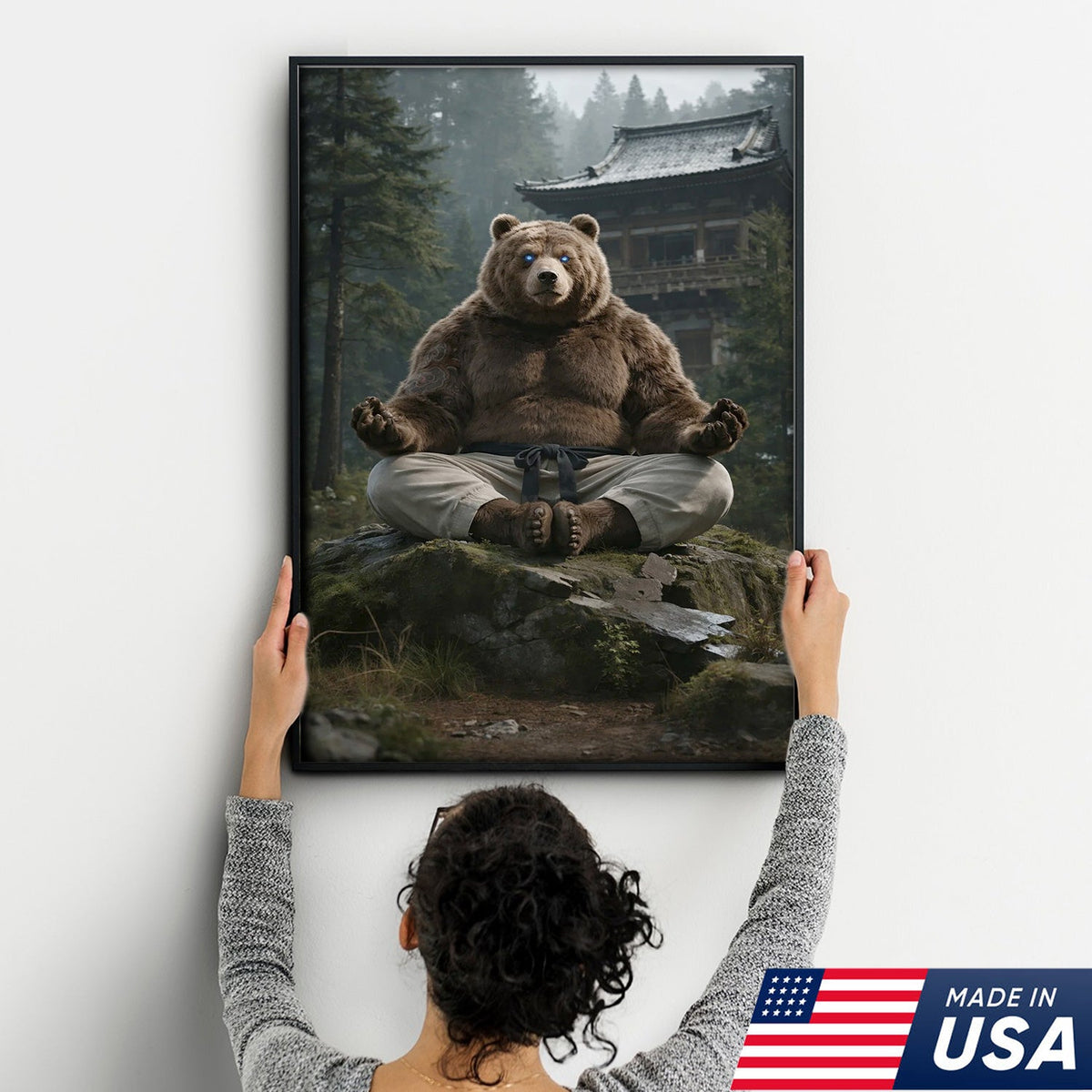 Zen Meditating Bear Canvas Wall Art, Martial Arts Bear in Forest Temple