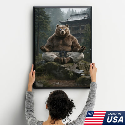 Zen Meditating Bear Canvas Wall Art, Martial Arts Bear in Forest Temple