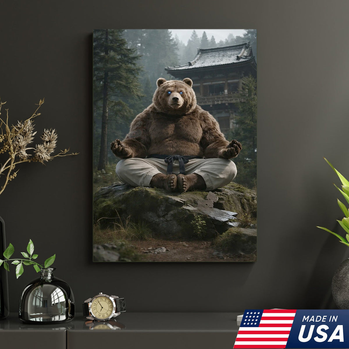 Zen Meditating Bear Canvas Wall Art, Martial Arts Bear in Forest Temple
