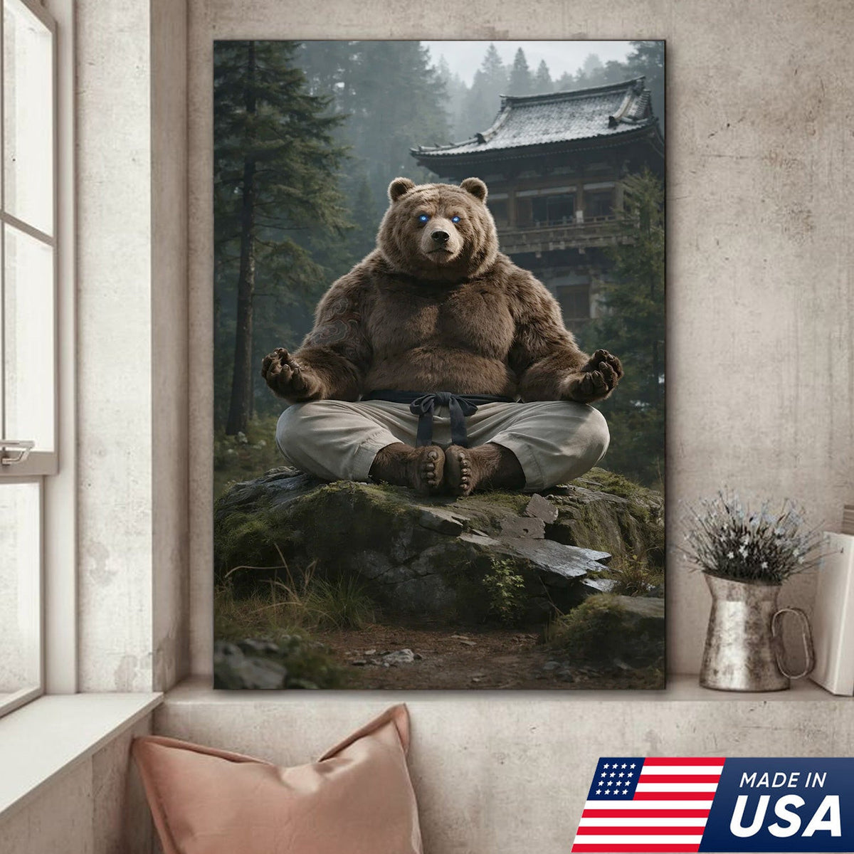Zen Meditating Bear Canvas Wall Art, Martial Arts Bear in Forest Temple