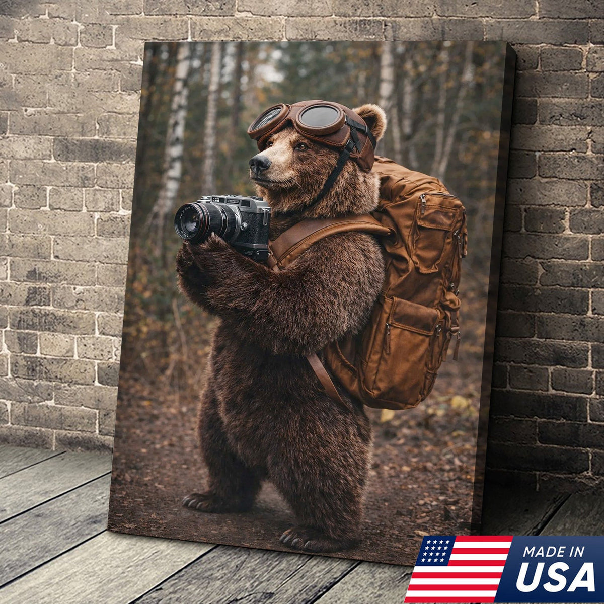 Adventure Bear Photographer Canvas Wall Art – Realistic Wildlife Explorer Print