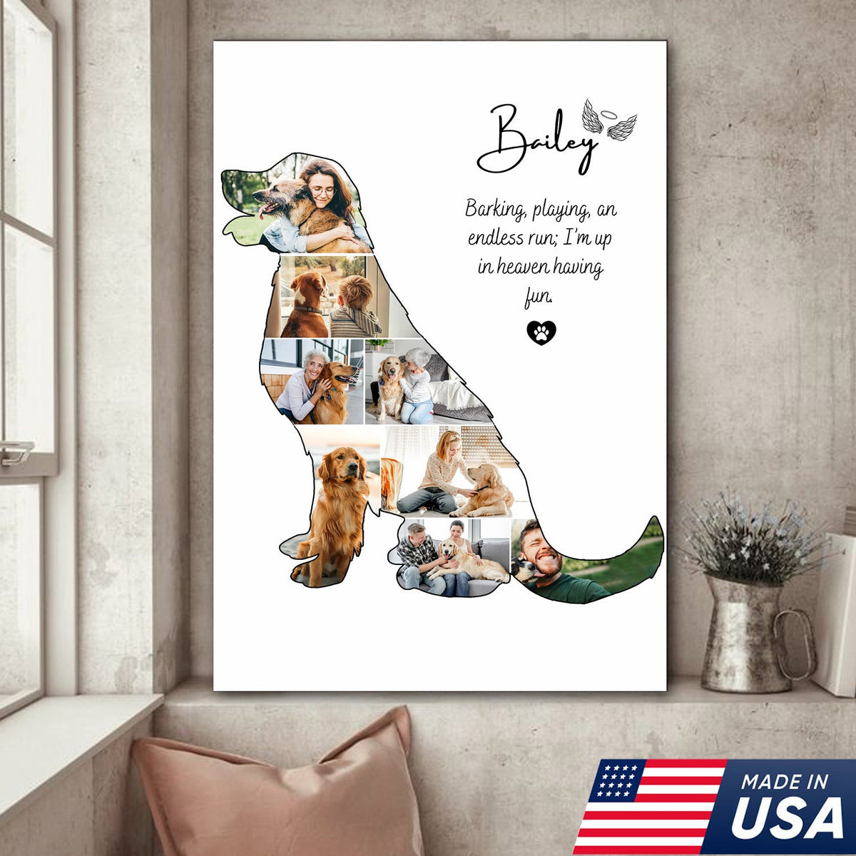 Custom Dog Memorial Print Canvas, Personalized Pet Loss Gift, Rainbow Bridge Dog Photo Collage
