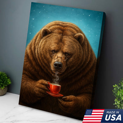 Coffee Bear Wall Art Canvas – Cozy Bear Drinking Coffee Poster, Rustic Cabin Decor Gift