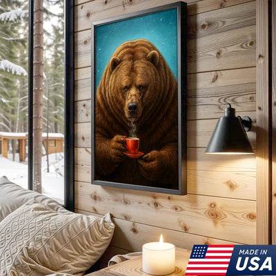 Coffee Bear Wall Art Canvas – Cozy Bear Drinking Coffee Poster, Rustic Cabin Decor Gift