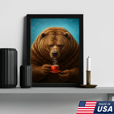 Coffee Bear Wall Art Canvas – Cozy Bear Drinking Coffee Poster, Rustic Cabin Decor Gift