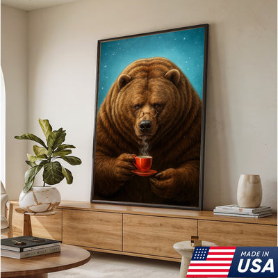 Coffee Bear Wall Art Canvas – Cozy Bear Drinking Coffee Poster, Rustic Cabin Decor Gift