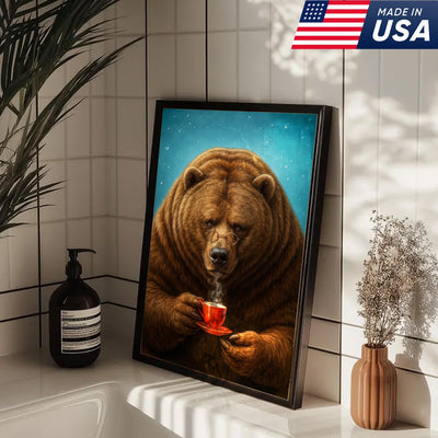 Coffee Bear Wall Art Canvas – Cozy Bear Drinking Coffee Poster, Rustic Cabin Decor Gift