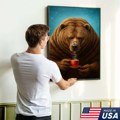 Coffee Bear Wall Art Canvas – Cozy Bear Drinking Coffee Poster, Rustic Cabin Decor Gift
