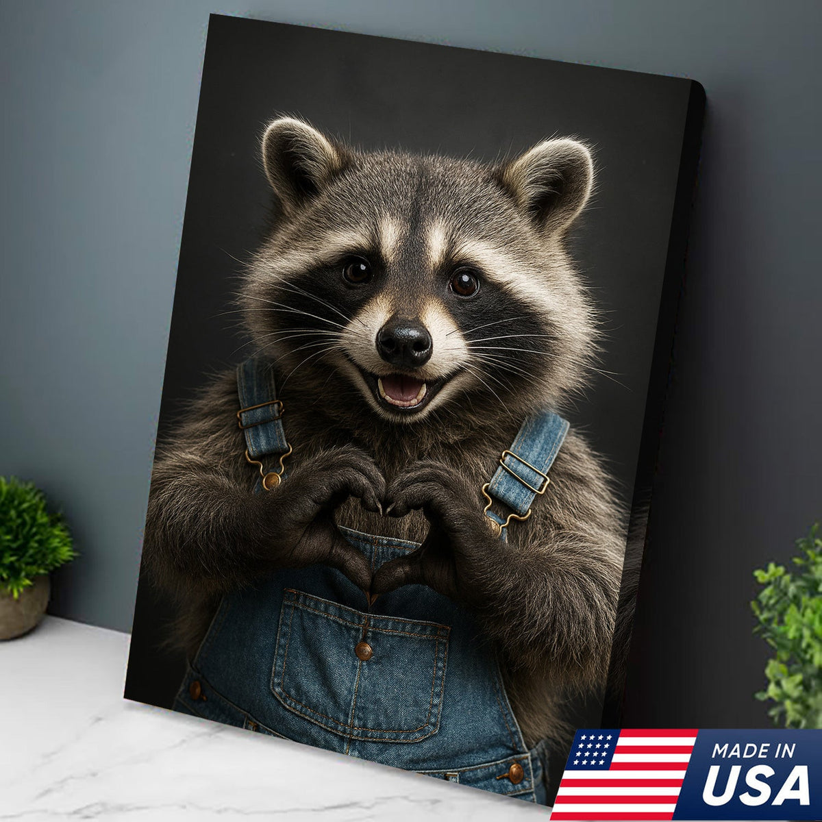 Cute Raccoon Wall Art Canvas - Adorable Heart Hands Poster, Animal Lover Gift, Nursery Decor