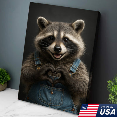 Cute Raccoon Wall Art Canvas - Adorable Heart Hands Poster, Animal Lover Gift, Nursery Decor
