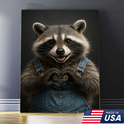 Cute Raccoon Wall Art Canvas - Adorable Heart Hands Poster, Animal Lover Gift, Nursery Decor