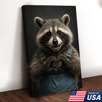 Cute Raccoon Wall Art Canvas - Adorable Heart Hands Poster, Animal Lover Gift, Nursery Decor