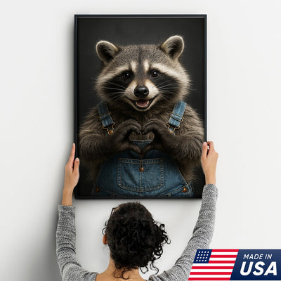 Cute Raccoon Wall Art Canvas - Adorable Heart Hands Poster, Animal Lover Gift, Nursery Decor