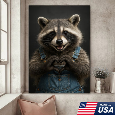 Cute Raccoon Wall Art Canvas - Adorable Heart Hands Poster, Animal Lover Gift, Nursery Decor