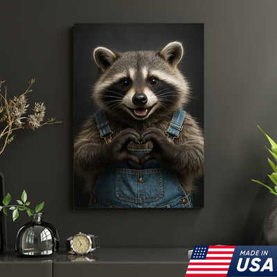 Cute Raccoon Wall Art Canvas - Adorable Heart Hands Poster, Animal Lover Gift, Nursery Decor