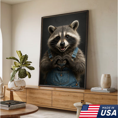 Cute Raccoon Wall Art Canvas - Adorable Heart Hands Poster, Animal Lover Gift, Nursery Decor