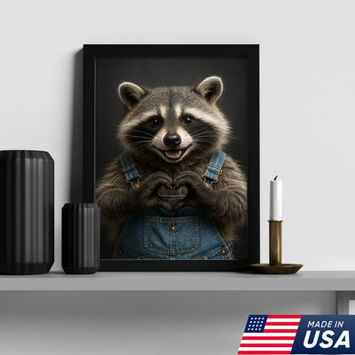Cute Raccoon Wall Art Canvas - Adorable Heart Hands Poster, Animal Lover Gift, Nursery Decor