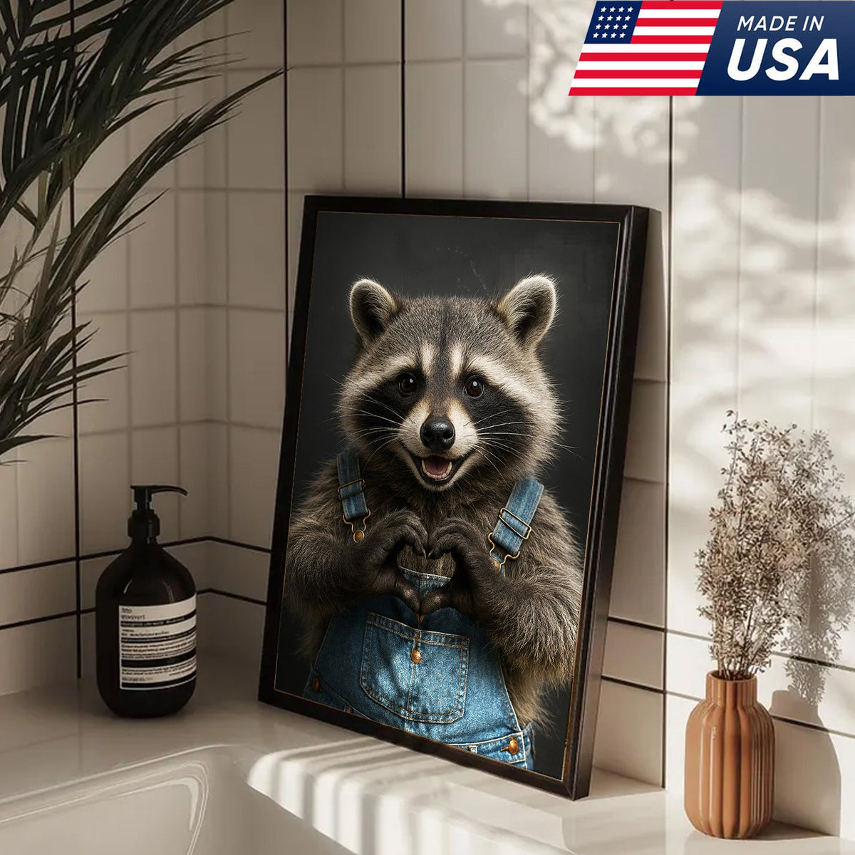 Cute Raccoon Wall Art Canvas - Adorable Heart Hands Poster, Animal Lover Gift, Nursery Decor