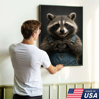Cute Raccoon Wall Art Canvas - Adorable Heart Hands Poster, Animal Lover Gift, Nursery Decor