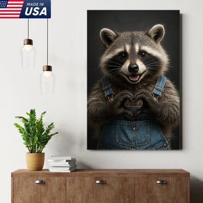 Cute Raccoon Wall Art Canvas - Adorable Heart Hands Poster, Animal Lover Gift, Nursery Decor