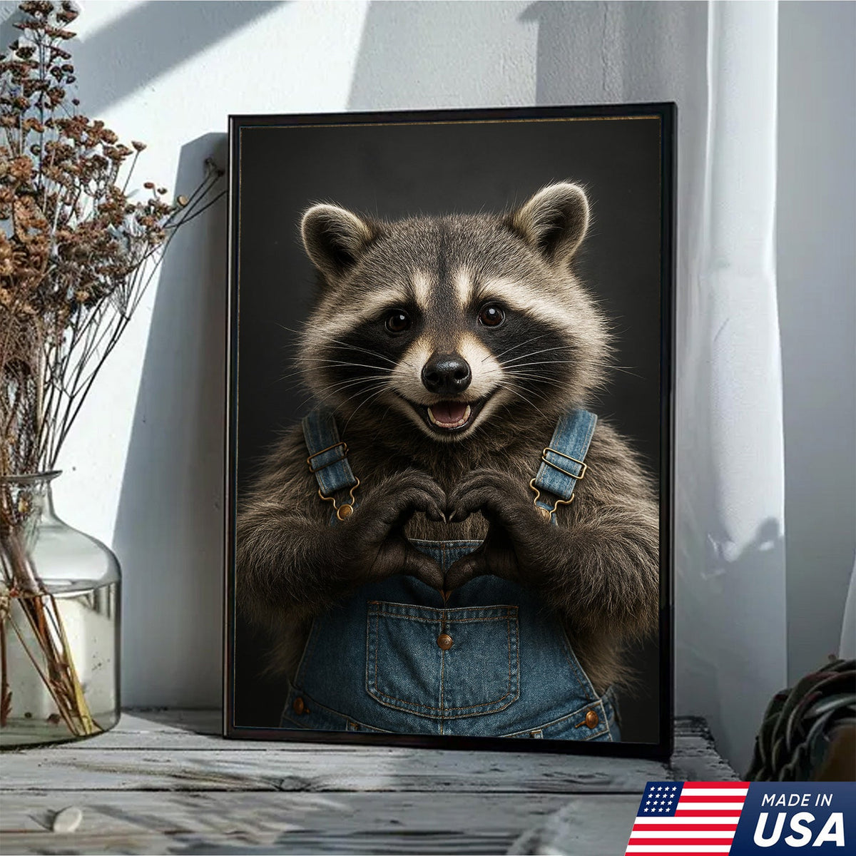 Cute Raccoon Wall Art Canvas - Adorable Heart Hands Poster, Animal Lover Gift, Nursery Decor