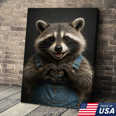 Cute Raccoon Wall Art Canvas - Adorable Heart Hands Poster, Animal Lover Gift, Nursery Decor
