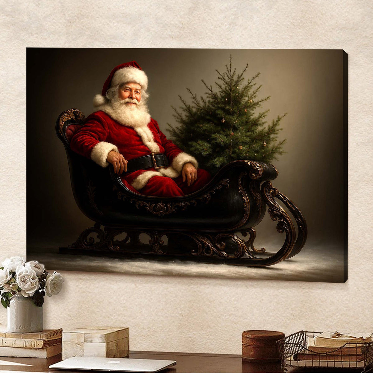 Classic Santa Wall Art – Vintage Santa in Sleigh Christmas Print, Cozy Holiday Home Decor