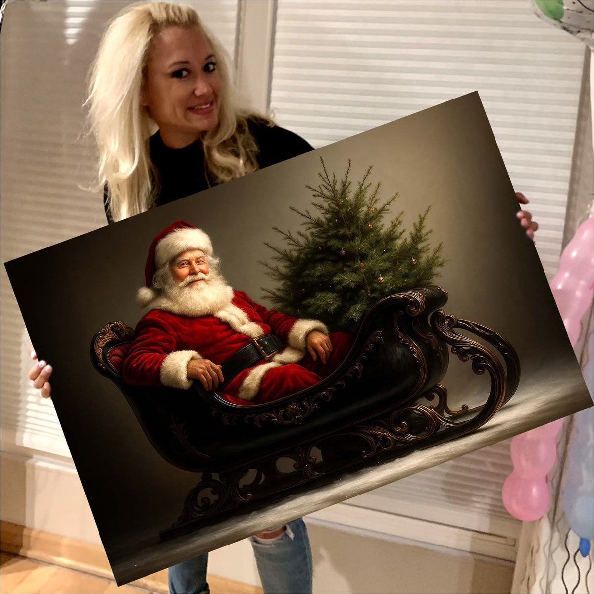 Classic Santa Wall Art – Vintage Santa in Sleigh Christmas Print, Cozy Holiday Home Decor