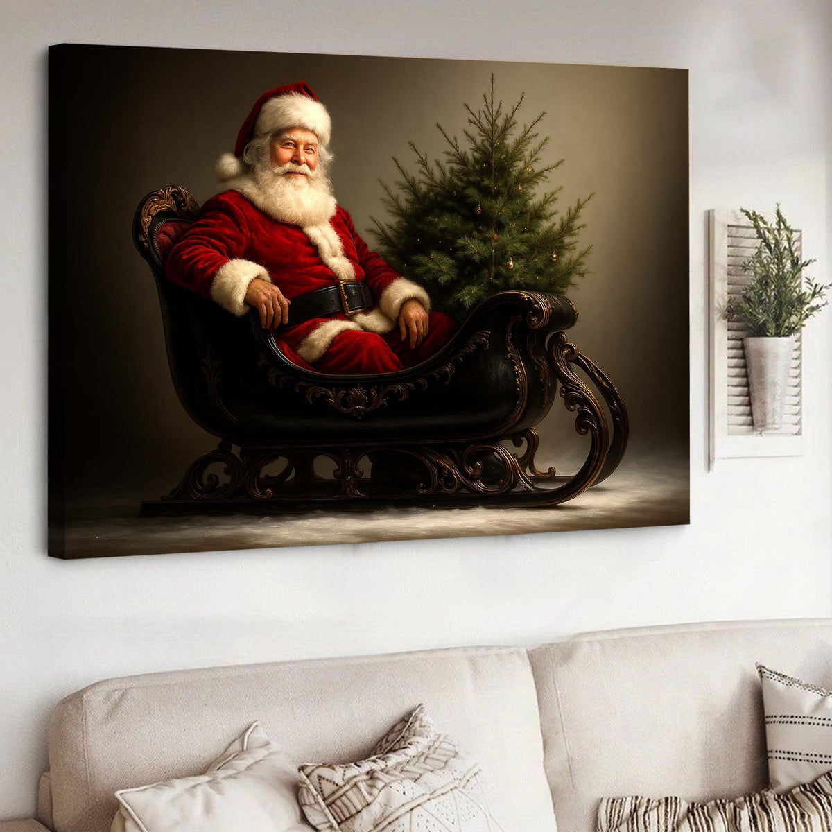 Classic Santa Wall Art – Vintage Santa in Sleigh Christmas Print, Cozy Holiday Home Decor