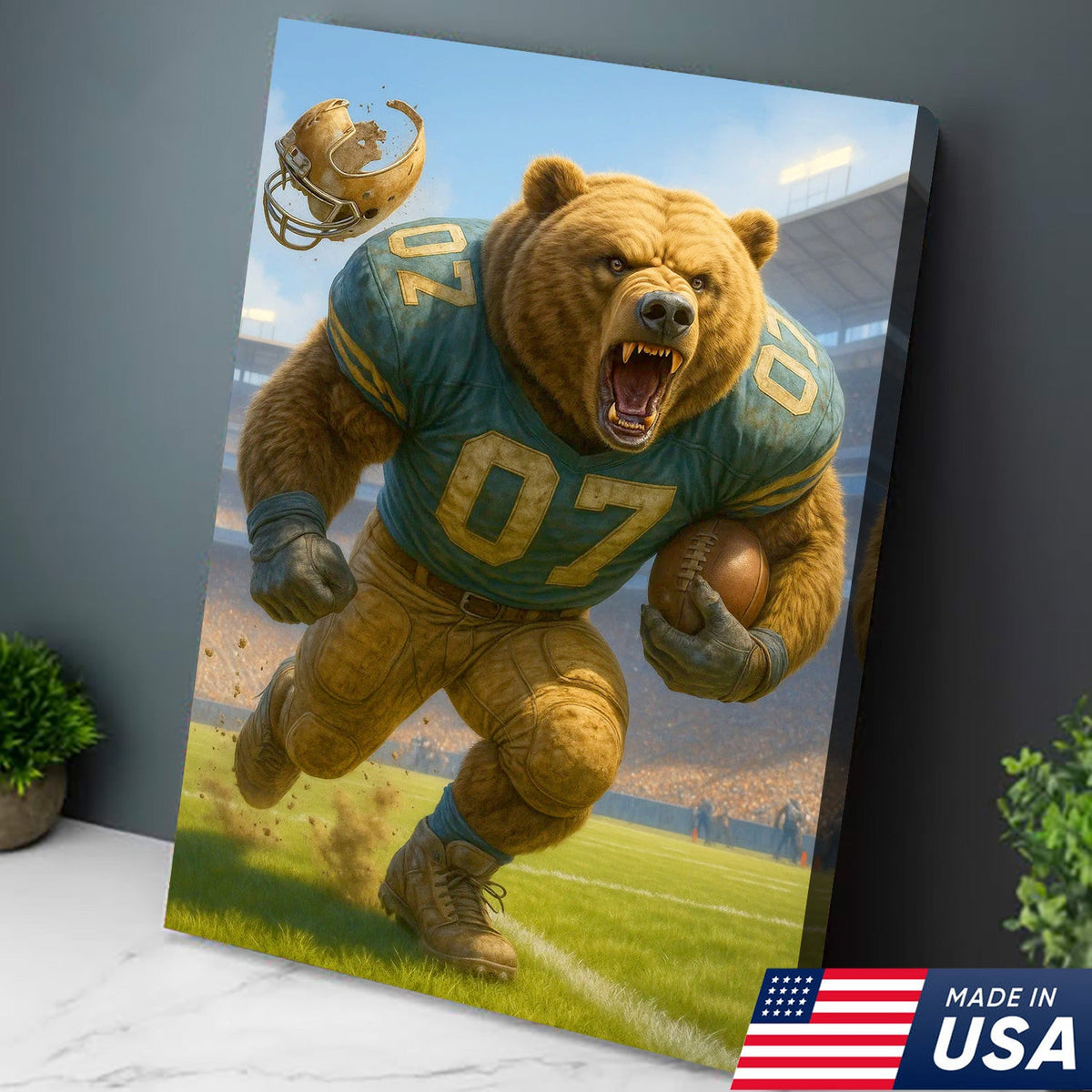 Bear Football Player Wall Art Canvas, Fierce Gridiron Bear Running Back Print