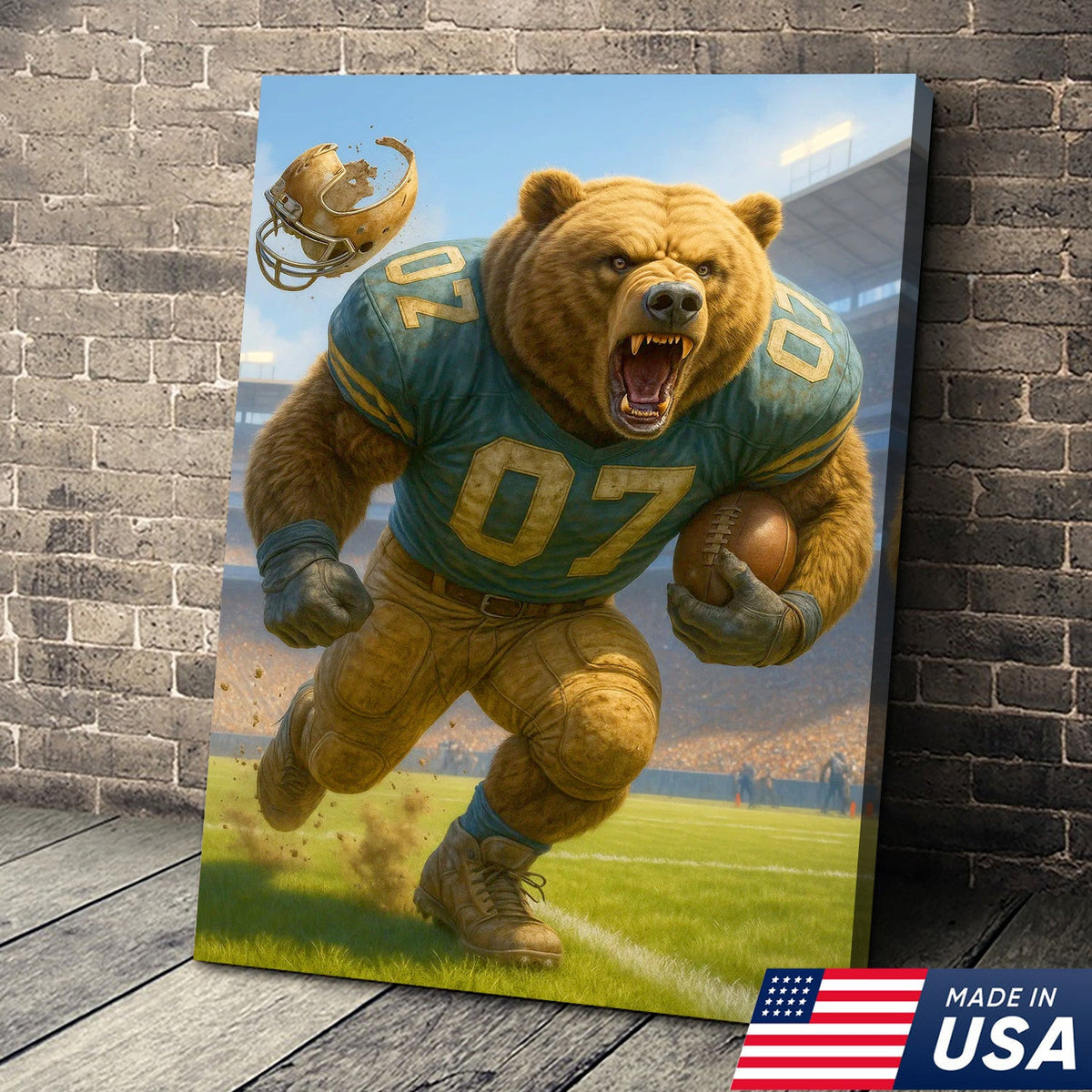 Bear Football Player Wall Art Canvas, Fierce Gridiron Bear Running Back Print