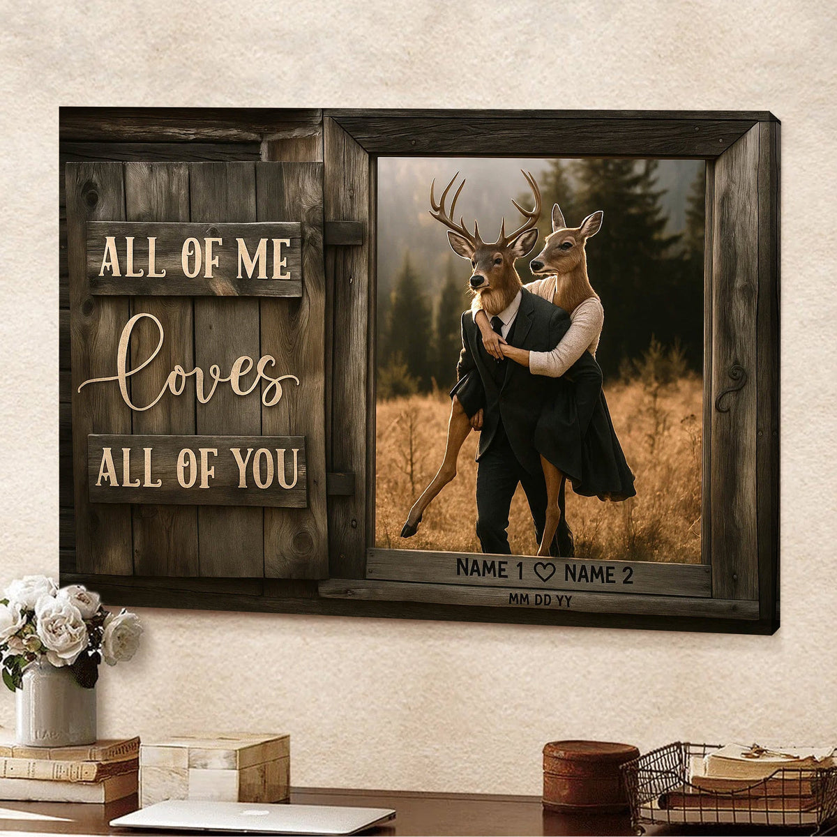 Rustic Deer Couple Canvas Art – Personalized Romantic Buck & Doe Portrait