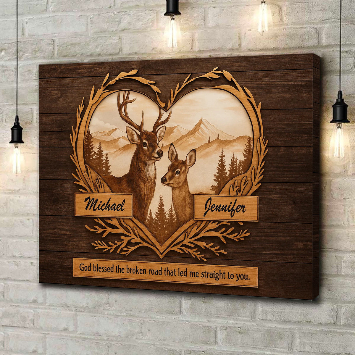Personalized Deer Couple Canvas Art – Rustic Heart Frame Buck & Doe with Names