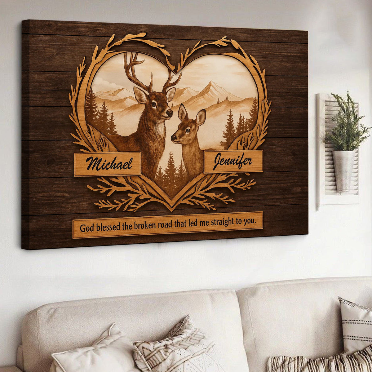 Personalized Deer Couple Canvas Art – Rustic Heart Frame Buck & Doe with Names