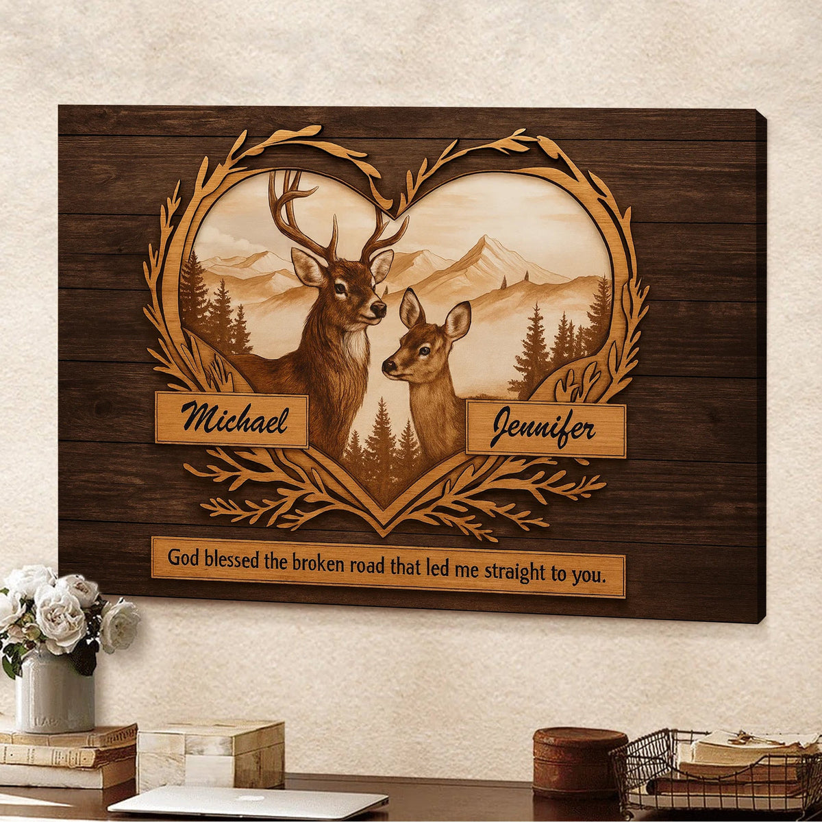 Personalized Deer Couple Canvas Art – Rustic Heart Frame Buck & Doe with Names