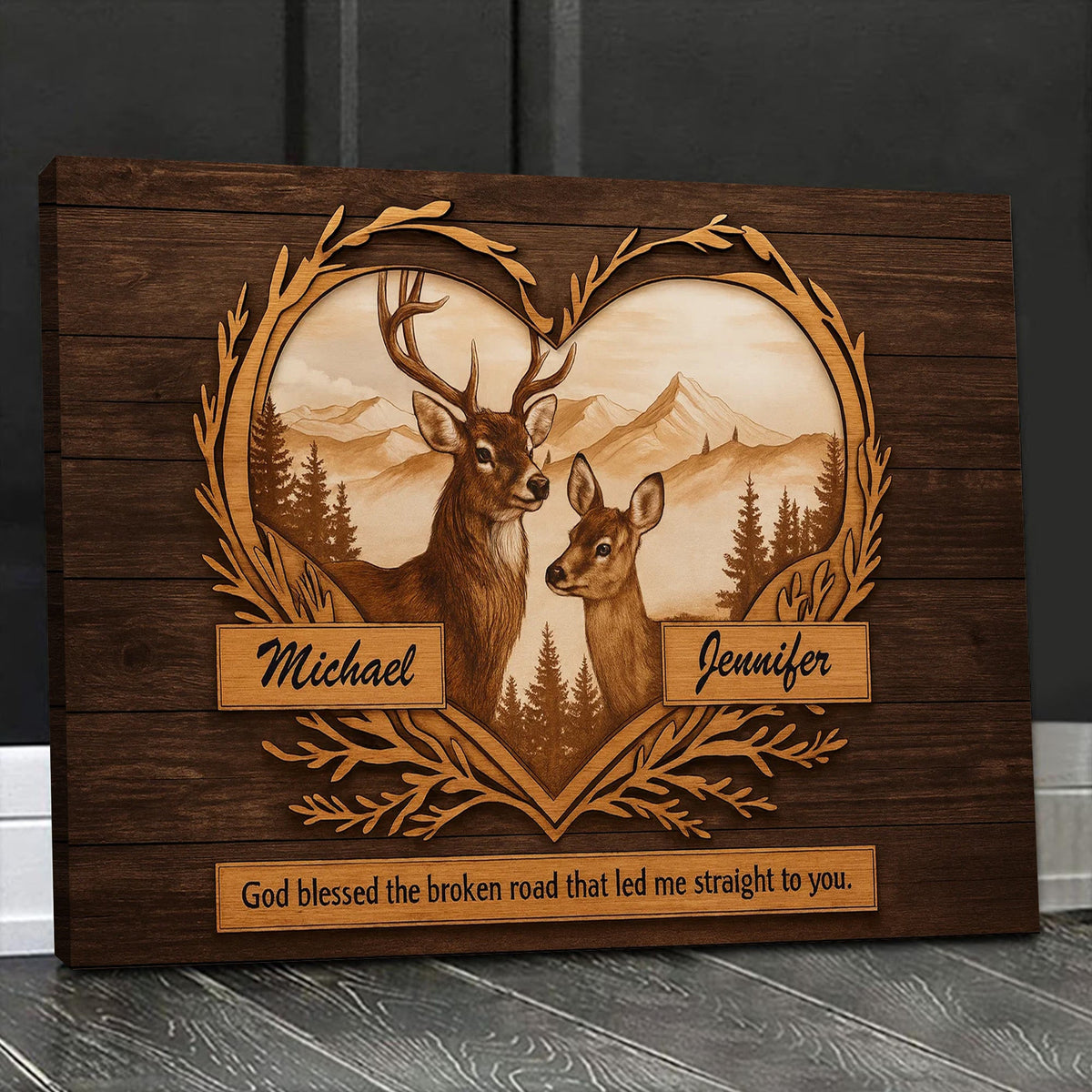 Personalized Deer Couple Canvas Art – Rustic Heart Frame Buck & Doe with Names