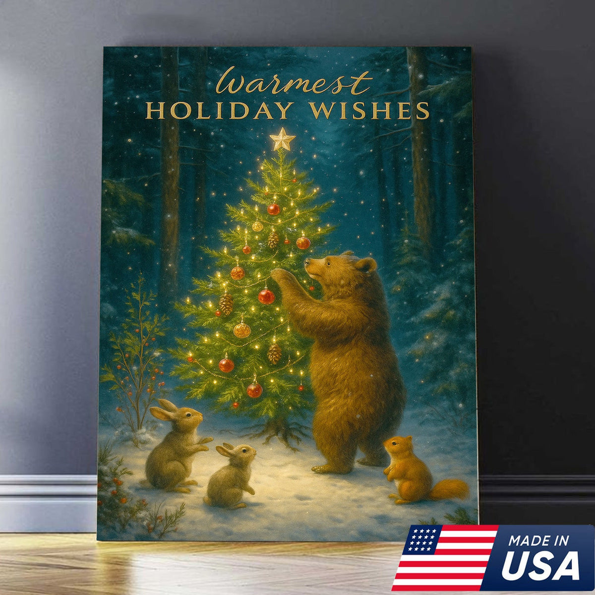 Warmest Holiday Wishes Woodland Christmas Art – Cute Bear & Forest Animals Wall Print