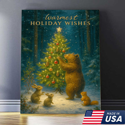 Warmest Holiday Wishes Woodland Christmas Art – Cute Bear & Forest Animals Wall Print