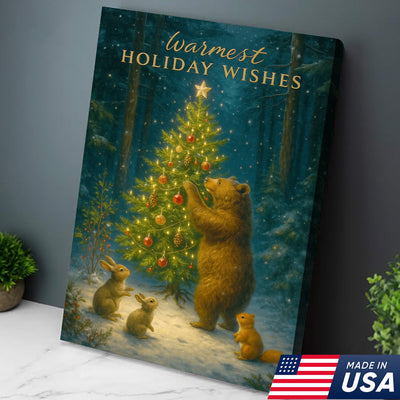 Warmest Holiday Wishes Woodland Christmas Art – Cute Bear & Forest Animals Wall Print