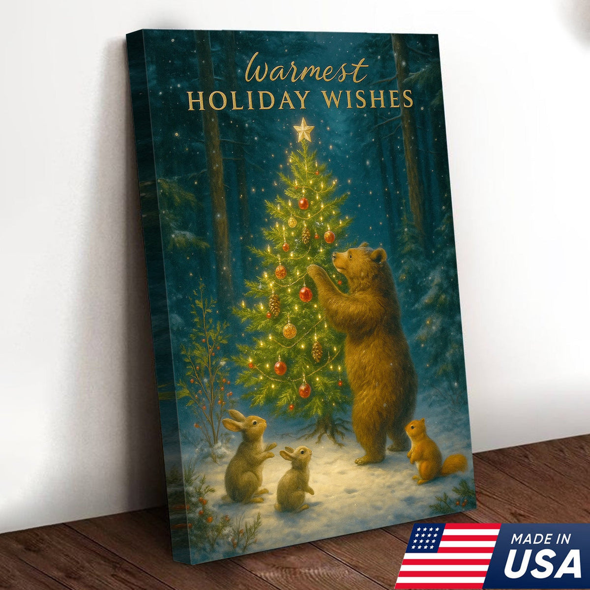 Warmest Holiday Wishes Woodland Christmas Art – Cute Bear & Forest Animals Wall Print
